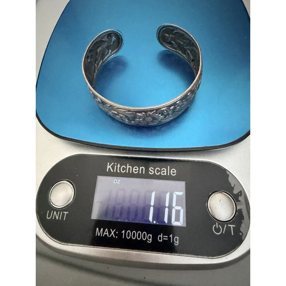 S Kirk & Son Sterling Silver Repousse Floral Cuff Bracelet Heavy 32.9g